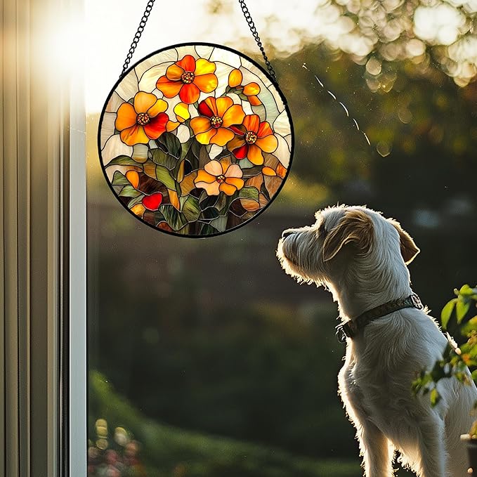 Stained Glass Window Hanging - Orange Marigolds Flowers Suncatcher for Door Garden Yard Sun Catchers Decor Christmas Mother's Day Birthday Gifts for Women Mom Nana Girlfriend Men 15 in