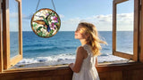 Stained Glass Window Hanging - Green Hummingbirds and Purple Flowers 6.3 Inches Suncatcher for Garden Home Decor for Women Mon Grandma Friends