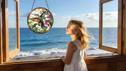 Stained Glass Window Hanging - Green Hummingbirds and Purple Flowers 6.3 Inches Suncatcher for Garden Home Decor for Women Mon Grandma Friends