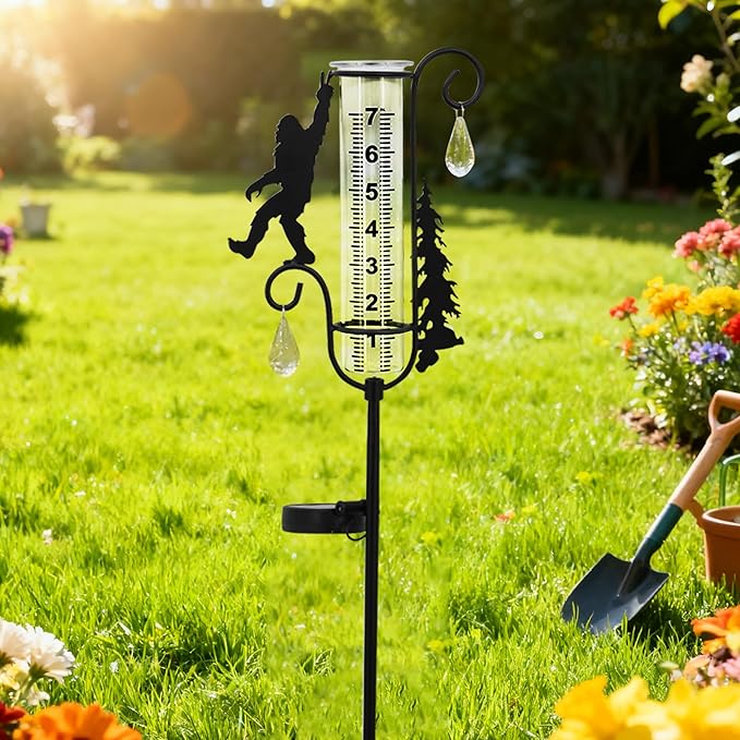 J-Fly Solar Light Rain Gauge, Black Metal Sasquatch Design with Glass Tube, 7 Inch Decorative Garden Stake for Outdoor Weather Measurement, Yard Decor