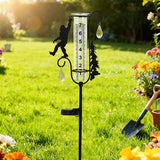 J-Fly Solar Light Rain Gauge, Black Metal Sasquatch Design with Glass Tube, 7 Inch Decorative Garden Stake for Outdoor Weather Measurement, Yard Decor