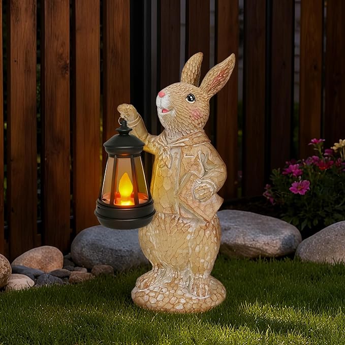 Dr. Bunny Solar Garden Statue, Rabbit Figurine with Glowing Lantern, Handcrafted Resin Outdoor Decor for Patio, Balcony, Yard, Gift for Women, Housewarming, Birthday