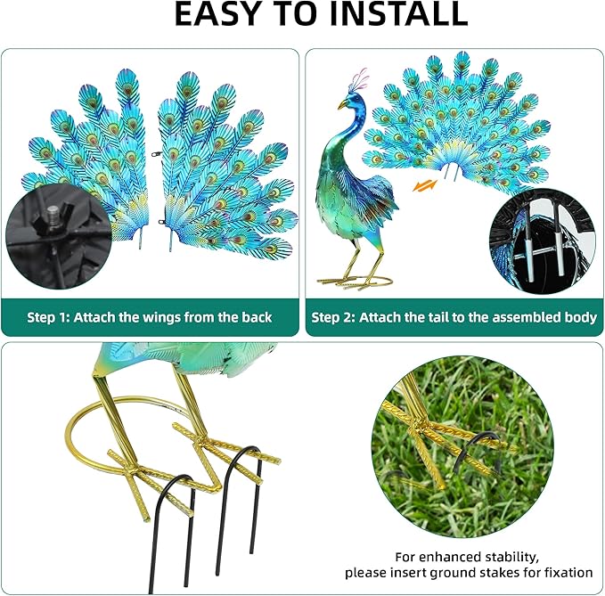 27.5in Tall Metal Peacock Garden Statue - Handmade, 3D Textured, Tail Spread Sculptures for Patio, Garden or Entryway.