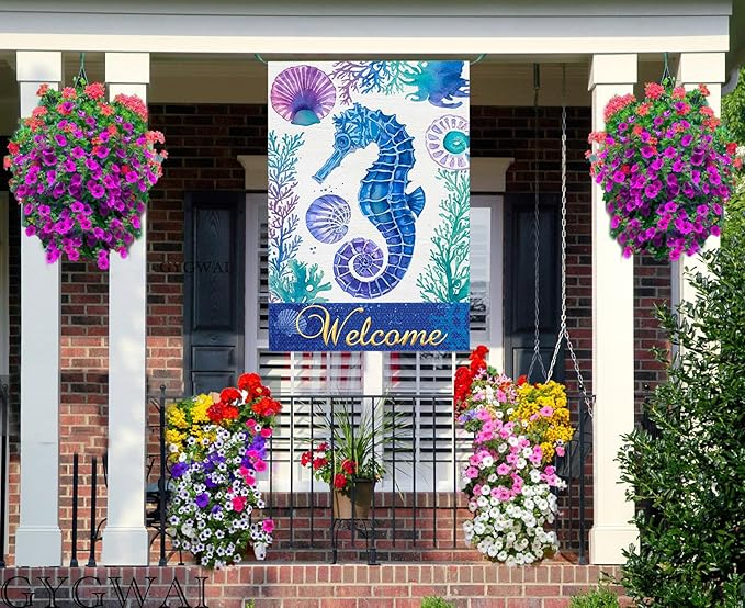Seahorse Welcome Garden Flag 28x40 Inch Double Sided Outside, Summer Coastal Burlap Yard Flag Tropical Sea Holiday Seasonal Outdoor Decor