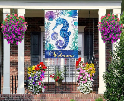 Seahorse Welcome Garden Flag 28x40 Inch Double Sided Outside, Summer Coastal Burlap Yard Flag Tropical Sea Holiday Seasonal Outdoor Decor