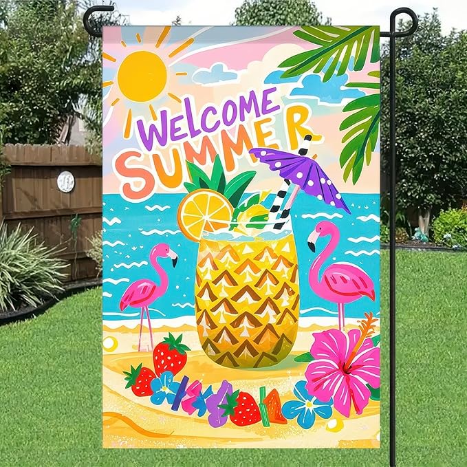 BlissYard Welcome Summer Garden Flag 12x18 Double Sided Flamingo Sunshine Hawaii Tropical Beach Holiday Garden Flags Welcome Summer Tropical Ocean Sea Yard Flag for Seasonal Outdoor Party Decoration