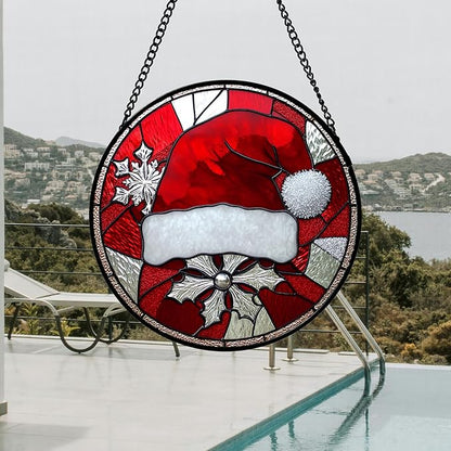 DASTOLL Stained Glass Window Hanging 4 Pcs Set Red Christmas Decorations Theme Large 11.8" - Suncatcher Door Garden Sun Catcher Decor Birthday for Mom Woman Nana Men Friend Wife