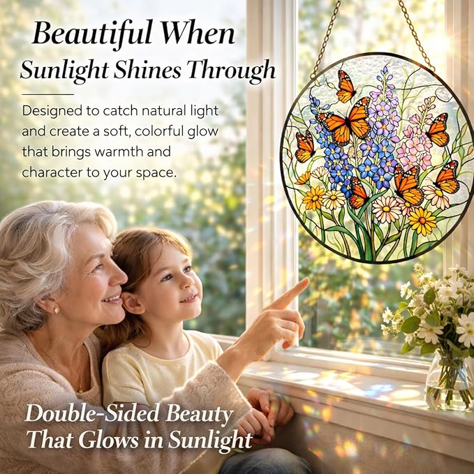 Wildflower Butterfly Suncatcher Window Hanging, 7.8" Stained Glass Decor, Meaningful for Mom, Grandma, Family and Friends, Home Decor for Window, Kitchen, Sunroom and Garden