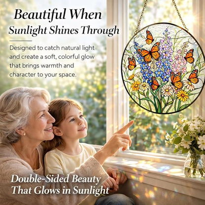 Wildflower Butterfly Suncatcher Window Hanging, 7.8" Stained Glass Decor, Meaningful for Mom, Grandma, Family and Friends, Home Decor for Window, Kitchen, Sunroom and Garden