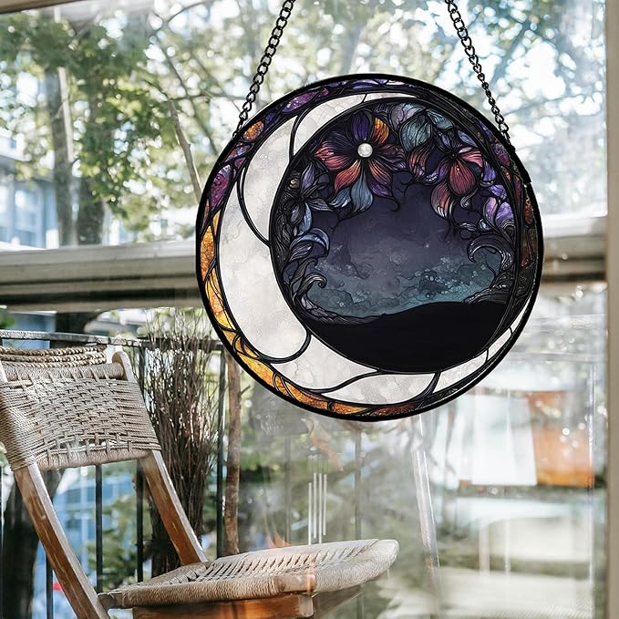 Stained Glass Window Hanging - Black and White Moon Sun Catcher for Door Terrace Garden Home Decor, Abstract Plant Flower Suncatcher Birthday Gifts for Lovers Women Men Dad Mom Nana 15 in