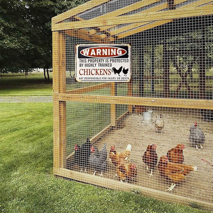 Funny Chicken Coop Sign - "Warning: Property Protected by Chickens" Decorative Metal Sign for Farm, Home, or Garden 12" * 8" (219)