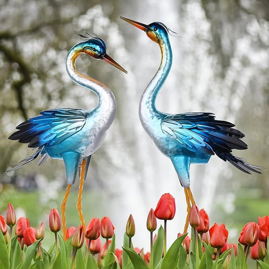 Shorayn Metal Crane Garden Statue, Garden Sculptures & Statues, Crane Ornaments Yard Art for Backyard Patio Lawn Decorations (Blue)