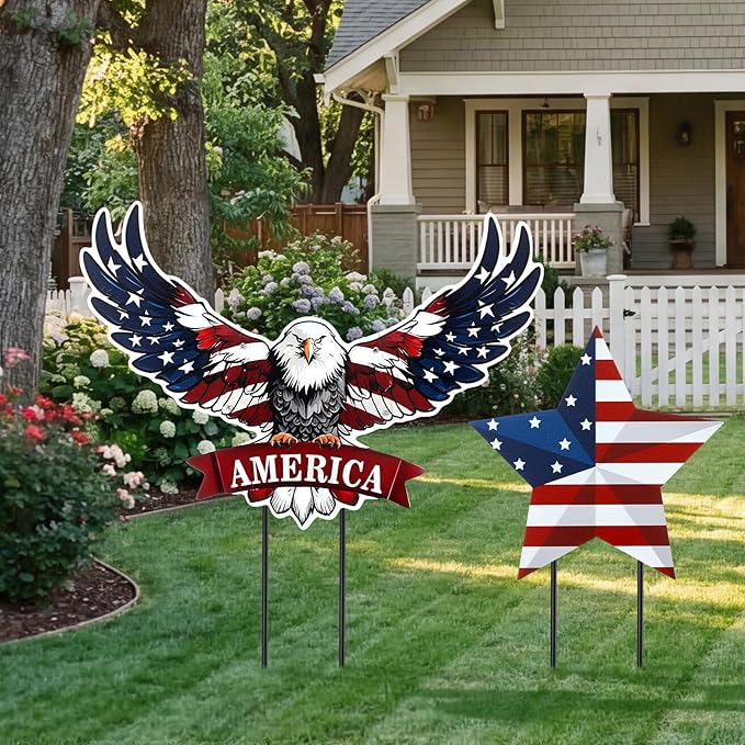 Silkfly 2pcs 4th of July Metal Decorations for Outdoor Patriotic Memorial Day Garden Yard Sign 250th Eagle Metal Blue Red Star Art Decor Outside Americana Garden Stake for Lawn Independence Day Gifts