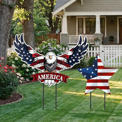 Silkfly 2pcs 4th of July Metal Decorations for Outdoor Patriotic Memorial Day Garden Yard Sign 250th Eagle Metal Blue Red Star Art Decor Outside Americana Garden Stake for Lawn Independence Day Gifts