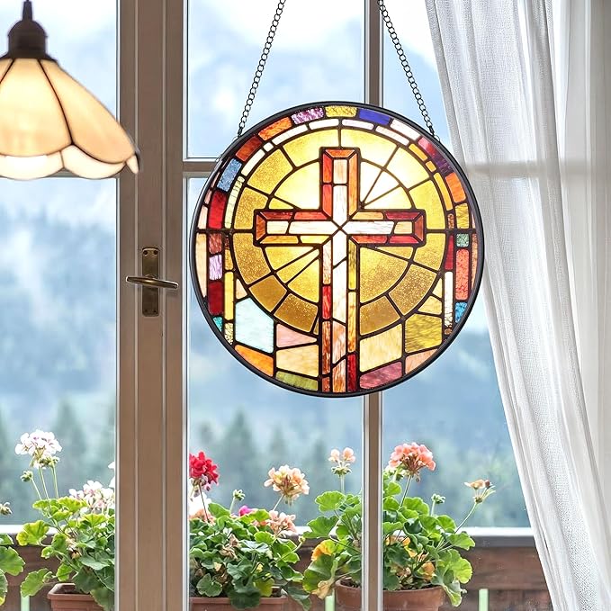 Stained Glass Suncatcher, 7.9 Inch Stained Glass Window Hanging Faith Cross Sun Catcher, Window Hanging Ornament Garden Decor Modern Farmhouse Decoration Catholic Gifts Religious Gifts