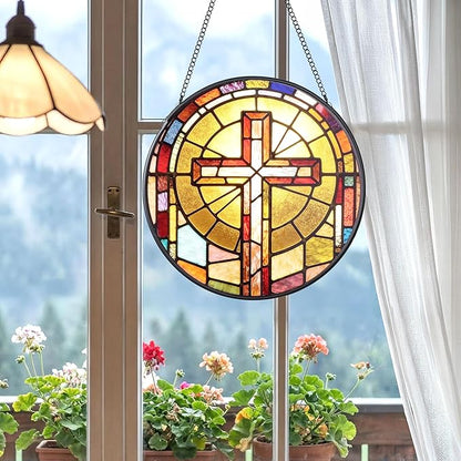 Stained Glass Suncatcher, 7.9 Inch Stained Glass Window Hanging Faith Cross Sun Catcher, Window Hanging Ornament Garden Decor Modern Farmhouse Decoration Catholic Gifts Religious Gifts