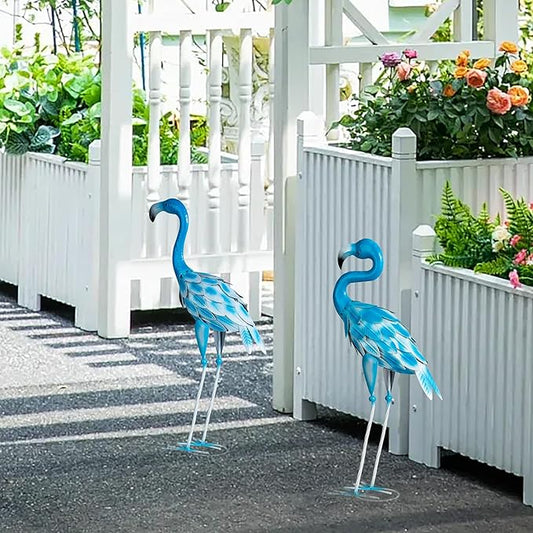 Set of 2 Metal Flamingo Garden Statues, Yard Flamingo Outdoor Decor for Lawn Patio Garden Backyard Display (Blue)