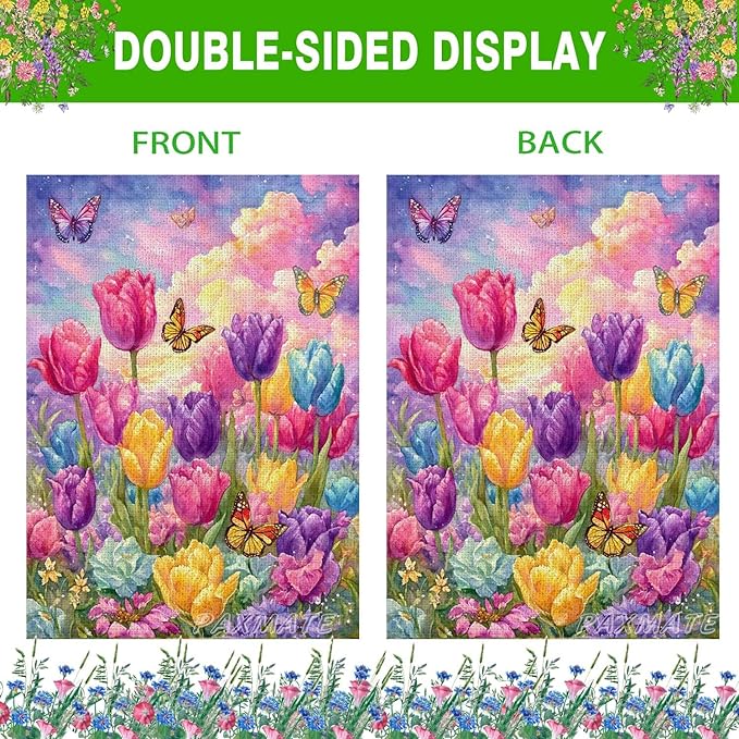 Spring Summer Tulip House Flag 28x40 Inch Double Sided Outside, Seasonal Flower Butterfly Large Yard Flag Outdoor Decoration