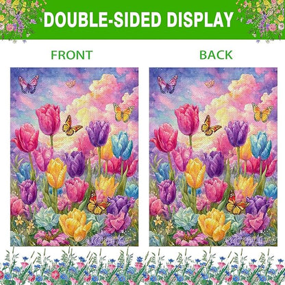 Spring Summer Tulip House Flag 28x40 Inch Double Sided Outside, Seasonal Flower Butterfly Large Yard Flag Outdoor Decoration