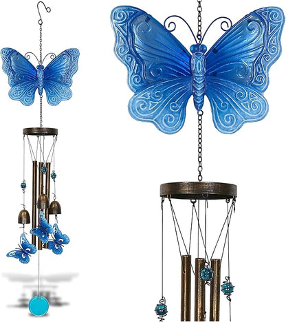 CoTa Global Blue Garden Butterfly Wind Chime - Handmade Glass and Metal Chime - Hanging Decor - Colorful Home Decor Gift, Indoor and Outdoor Hanging Decoration For Porch, Patio, and Garden - 35 Inches