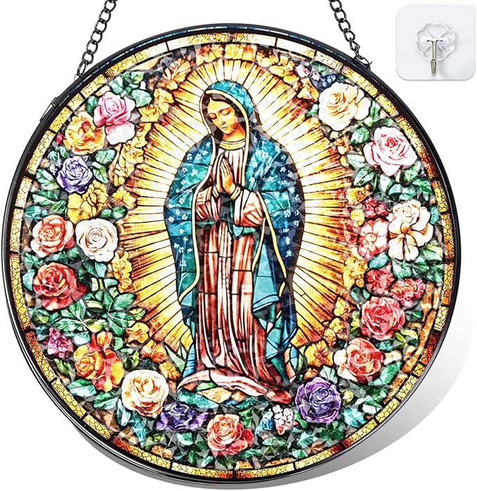 Mexican Virgin Mary Stained Glass Suncatcher, Christian Window Hanging Decor, Stained Panel Hangings Wall Art, Religious Home Ornament, for Mom Grandma