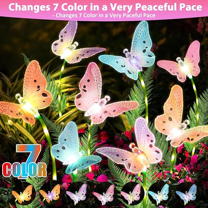 Weepong Solar Lights Outdoor Decorations Waterproof Newest Solar Garden Lights with Glowing Stems, 7-Color Changing Butterfly Flower Light for Outside Yard Pathway Garden Decor, Gift for Mother,2Pack