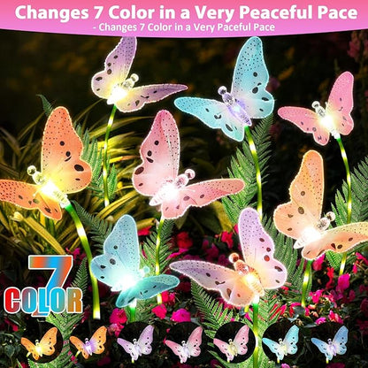 Weepong Solar Garden Lights 4 Pack Waterproof Decorative Solar Lights Outdoor with Glowing Stems,7-Color Changing ‎Fiber Optic Butterfly Light for Outside Yard Lawn Garden Decor, Gifts for Women