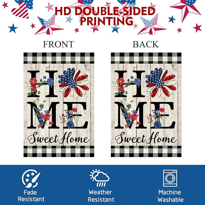 ORTIGIA 4th of July Patrioctic Garden Flag Burlap Vertical Double Sided Independence Day Memorial Day Home Sweet Home Sunflower Small Flag Home Yard Outside Outdoor Decor 12.5x18 Inch
