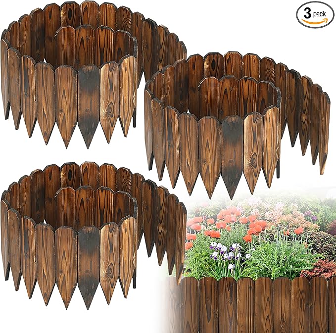 Rustic Pine Wood Garden Fence - 19.8ft Total Length (3pcs 6.6ft L*12in H) Easy to Install Sturdy Wooden Landscape Edging Border, No Fading Planter Fencing for Yard Flower Bed Lawns Pathway Tree
