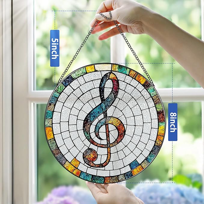 Stained Glass Window Hanging, Pauyadu 8 Inch Musical Stained Glass Suncatcher, Window Decor, Musician Home Decor, Musician Gift, Music Teacher Gifts, Music Accessory, Singer Gift