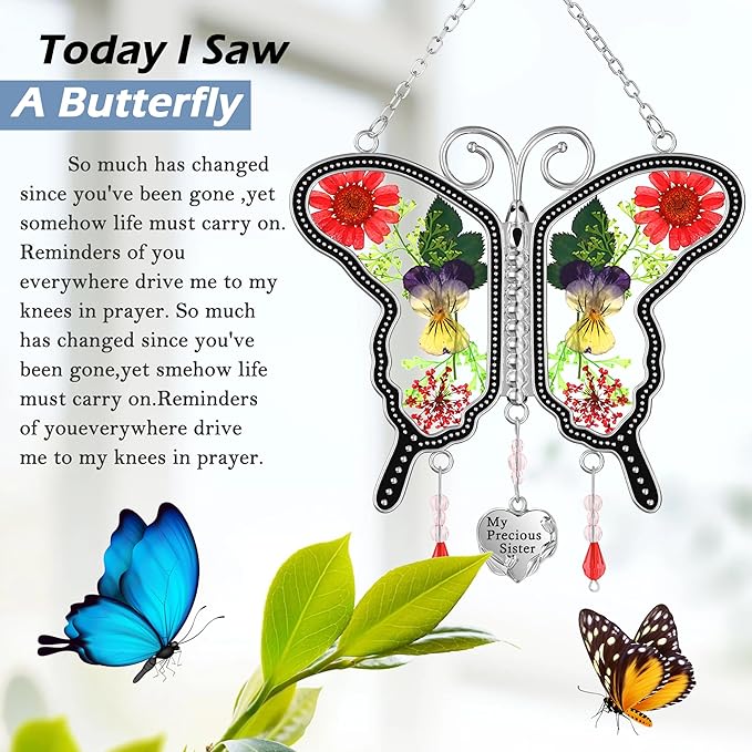 KY&BOSAM Suncatcher Butterfly Glass My Precious Sister Suncatchers Ornament hangings for Windows Wind Chime with Pressed Flower Butterfly Embedded in Glass Mother`s Day Birthdays