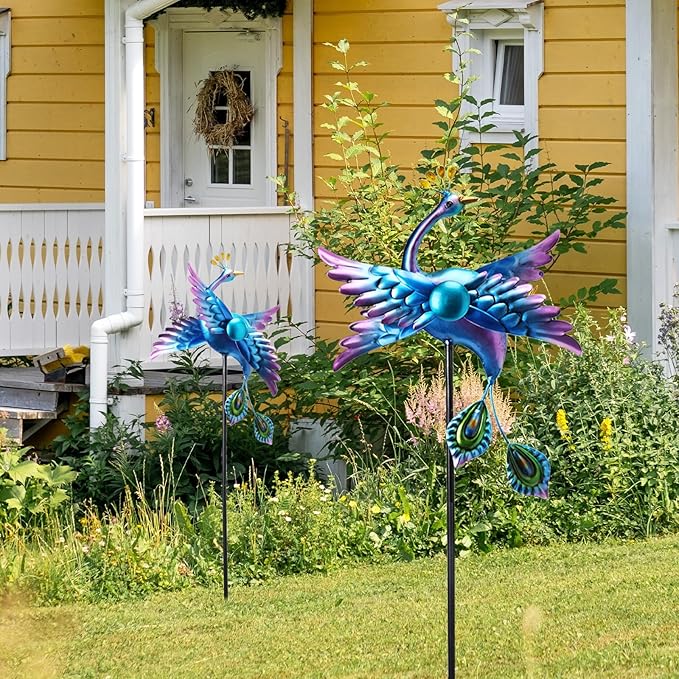 WONDER GARDEN Wind Spinners Outdoor - 2 Pack Small Metal Blue Peacock Wind Spinner Windmill, Wind Sculpture for Yard Patio Lawn Decor