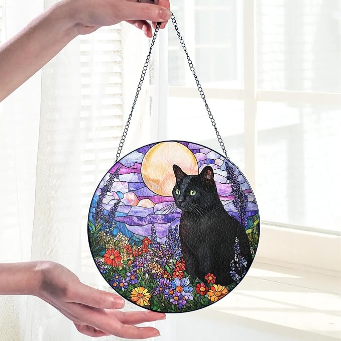 Black Cat Stained Glass Suncatcher – Cat Wild Floral Window Hanging Decor, Cats Memorial Gifts, Pet Loss Sympathy Gift for Pet Lovers, Home & Garden Decoration, Birthday, Christmas, Mother's Day