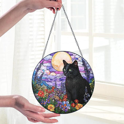 Black Cat Stained Glass Suncatcher – Cat Wild Floral Window Hanging Decor, Cats Memorial Gifts, Pet Loss Sympathy Gift for Pet Lovers, Home & Garden Decoration, Birthday, Christmas, Mother's Day