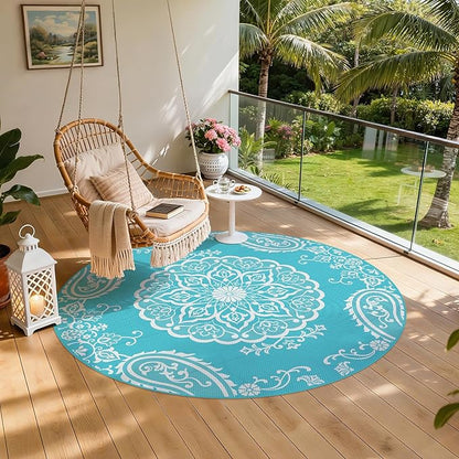 Pauwer Waterproof Outdoor Rug 8ft, Reversible Plastic Straw Patio Camping Rug, Indoor Outdoor RV Mat Carpet for Deck, Camper, Porch, Balcony, Backyard, Picnic, Boho Teal