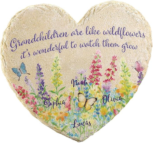 Fox Valley Traders Custom Grandchildren Wildflowers Garden Stone, 100% Resin, Outdoor Décor - Measures 10" x 9 1/2", 4 Names