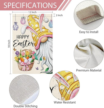 Heyfibro Happy Easter Gnome with Rabbit Ears Garden Flag 12x18 Double Sided Burlap, Funny Bunny Floral Small Yard Flag Easter Egg Banner for Easter Holiday Farmhouse Yard Outdoor Decor(ONLY FLAG)
