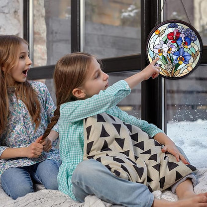 Family Birth Flowers Stained Glass Window Hanging Flower Sun Catcher Decor Birthday Gifts for Women Christmas Suncatchers for Home Windows Hanging Decoration, 7.87inch