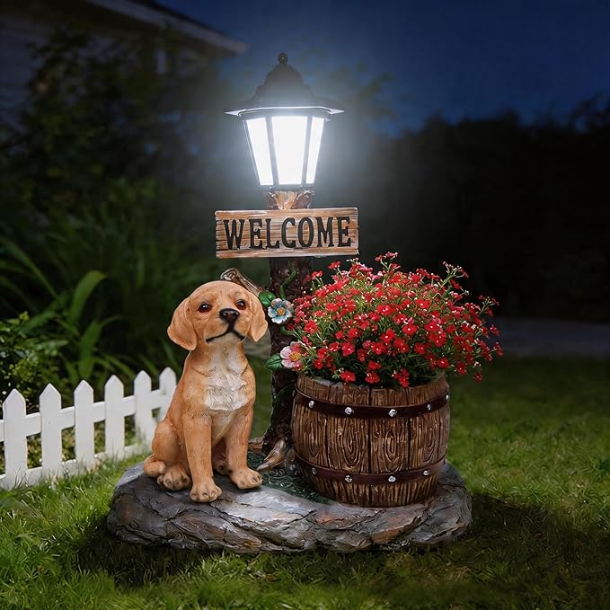 Solar Garden Statue with Planter & Lantern, Outdoor Resin Animal Sculpture, Waterproof Yard Lawn Decor Pot for Succulents, Front Porch Ornament Housewarming Gift (Lab Puppy)