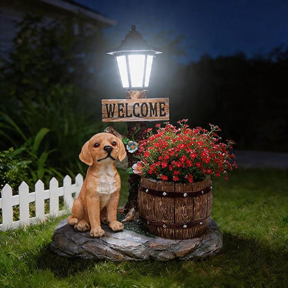 Solar Garden Statue with Planter & Lantern, Outdoor Resin Animal Sculpture, Waterproof Yard Lawn Decor Pot for Succulents, Front Porch Ornament Housewarming Gift (Lab Puppy)