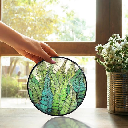 TNUW Fern Plant Stained Glass Window Hanging, Gifts for Plant Lovers Sun Catchers Indoor Window Glass Round Wall Art Decor, Fern Botanical Wall Hanging Decorations, 7.9＂x7.9＂