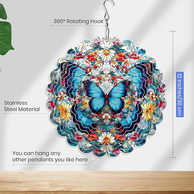 MXJSUA Blue Butterfly Wind Spinners for Indoor Outdoor Garden Decoration, 12 Inch Flowers Stainless Steel Hanging Wind Spinners Ornaments Crafts for Gifts