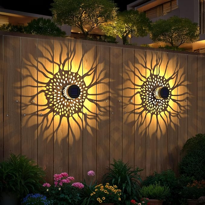 Hapjoy Solar Fence Lights 2 Pack Outdoor Deck Step Wall Lights Metal Waterproof LED Warm Yellow Light for Garden Post Patio Backyard Yard Decor (Sunflower, 2)