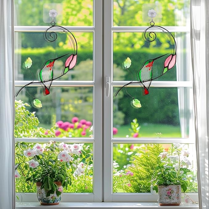 Handmade Stained Glass Hummingbird Suncatcher, Window Hanging Ornament with Flower Design, Indoor Outdoor Garden Decor