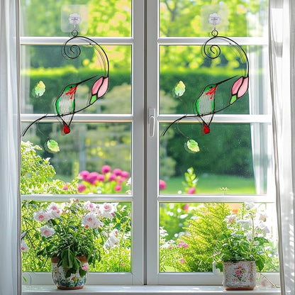 Handmade Stained Glass Hummingbird Suncatcher, Window Hanging Ornament with Flower Design, Indoor Outdoor Garden Decor