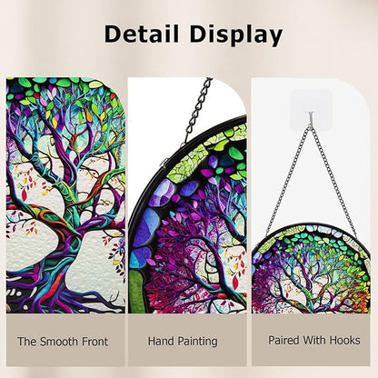 Suncatcher Stained Glass Window Hanging - Life Sun Glass Panel with Metal Chain and Hooks Handmade Sun Catcher Decoration for Window Garden Home Christmas & Birthday Gifts
