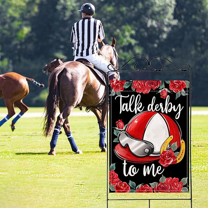 Artofy Kentucky Helmet Large Decorative House Flag, Talk Derby To Me Roses Churchill Downs Yard Garden Outside Decor, Horse Racing Horseshoe Burlap Outdoor Home Decoration Double Sided 28 x 40