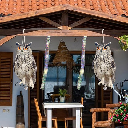 2PCS Hanging Effective Fake Owl Control Device Dual-Side Outdoors Owl with Reflective Tape for Patio Yard Outdoor Front Porch Backyard Windows