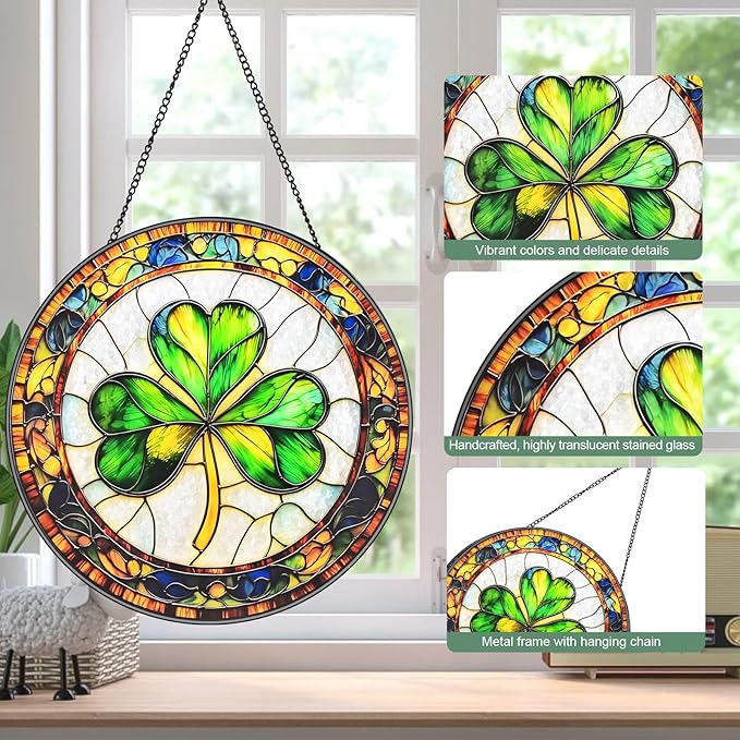 Ireland Shamrock Stained Glass Window Hanging Suncatcher with Chain - 7.9" Clover Outdoor/Indoor Art Decor for Home Garden, St. Patrick's Day, Mother's, Valentine's & Irish Ornaments Present