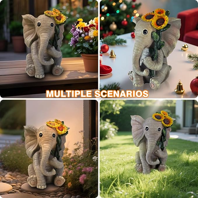 Solar Outdoor Garden Elephant Statues Lights, Good Luck Sunflower Elephant Statues for Women Outdoor Garden Decor for Outside Yard Front Porch Balcony Home, Birthday Easter Gifts for Adults Women